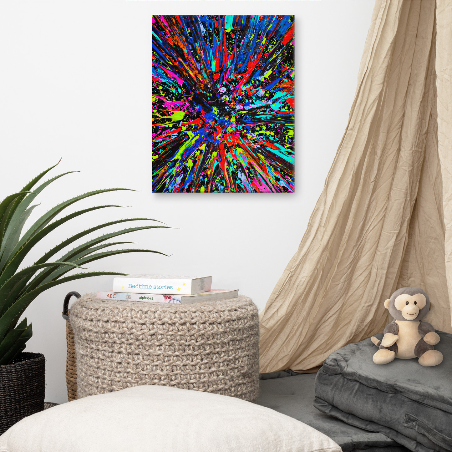 NightOwl Studio Abstract Wall Art, Splatter, Boho Living Room, Bedroom, Office, and Home Decor, Premium Canvas with Wooden Frame, Acrylic Painting Reproduction, 16” x 20”