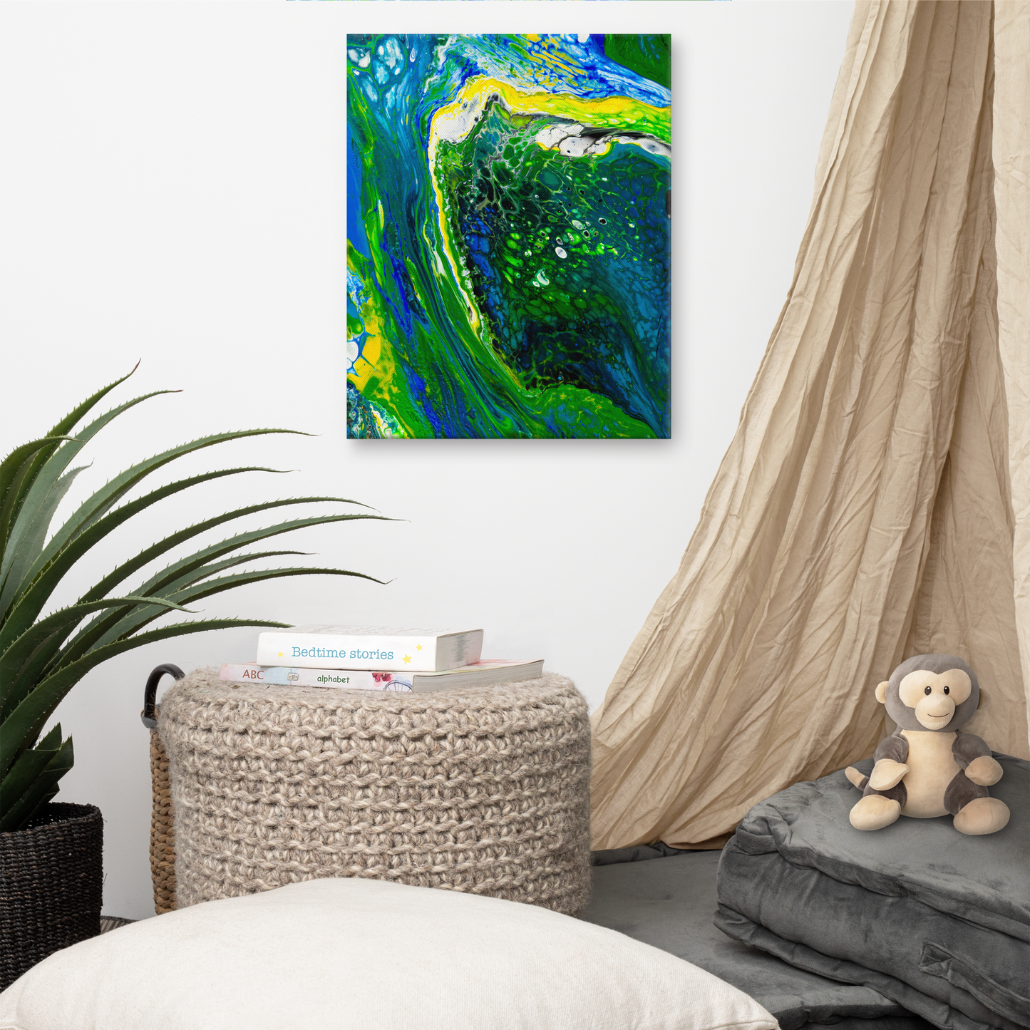 NightOwl Studio Abstract Wall Art, Green Stream, Boho Living Room, Bedroom, Office, and Home Decor, Premium Canvas with Wooden Frame, Acrylic Painting Reproduction, 16” x 20”