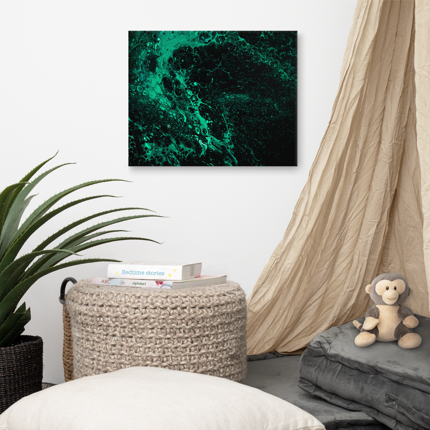 NightOwl Studio Abstract Wall Art, Green Tide, Boho Living Room, Bedroom, Office, and Home Decor, Premium Canvas with Wooden Frame, Acrylic Painting Reproduction, 16” x 20”
