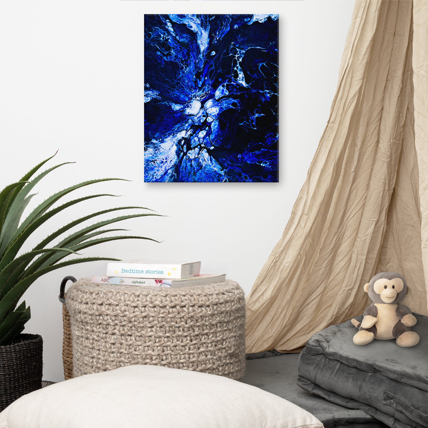 NightOwl Studio Abstract Wall Art, Blue Burst, Boho Living Room, Bedroom, Office, and Home Decor, Premium Canvas with Wooden Frame, Acrylic Painting Reproduction, 16” x 20”