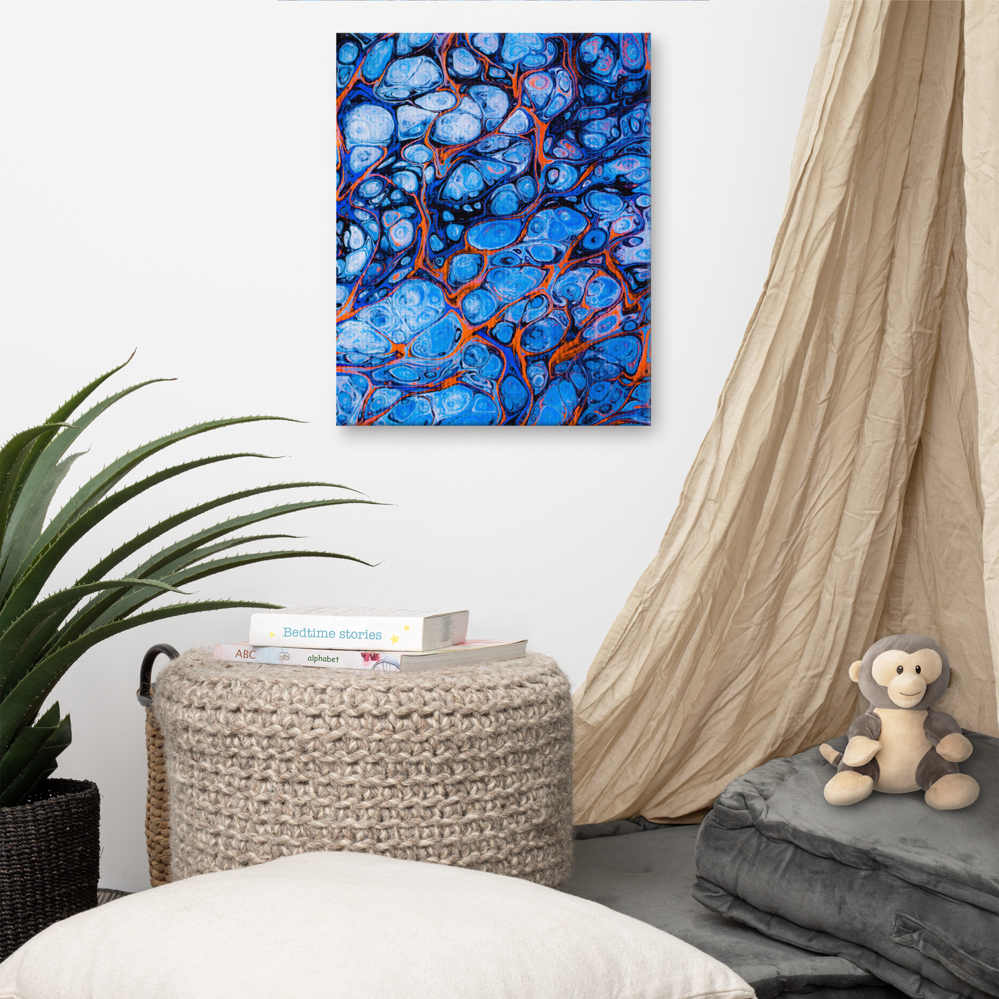NightOwl Studio Abstract Wall Art, Blue Fire, Boho Living Room, Bedroom, Office, and Home Decor, Premium Canvas with Wooden Frame, Acrylic Painting Reproduction, 16” x 20”