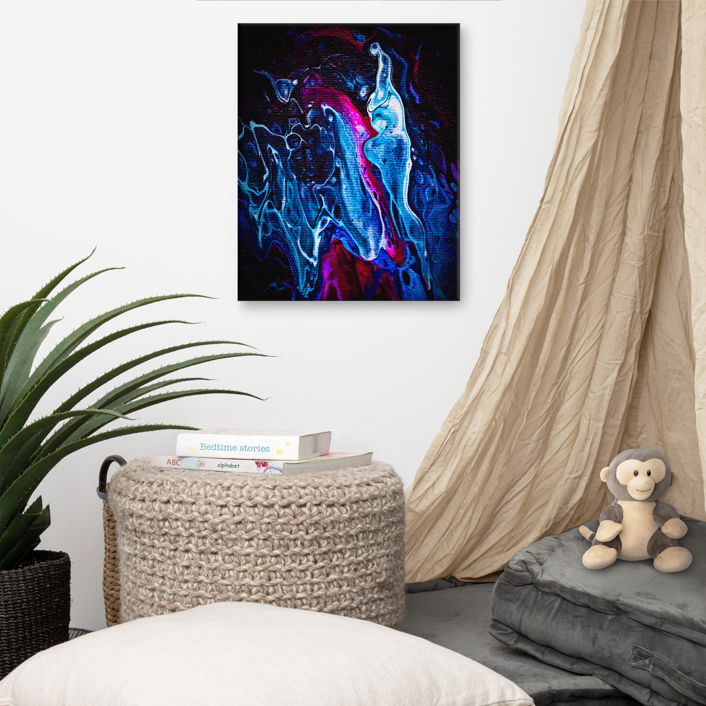 NightOwl Studio Abstract Wall Art, Blue Liquid, Boho Living Room, Bedroom, Office, and Home Decor, Premium Canvas with Wooden Frame, Acrylic Painting Reproduction, 16” x 20”
