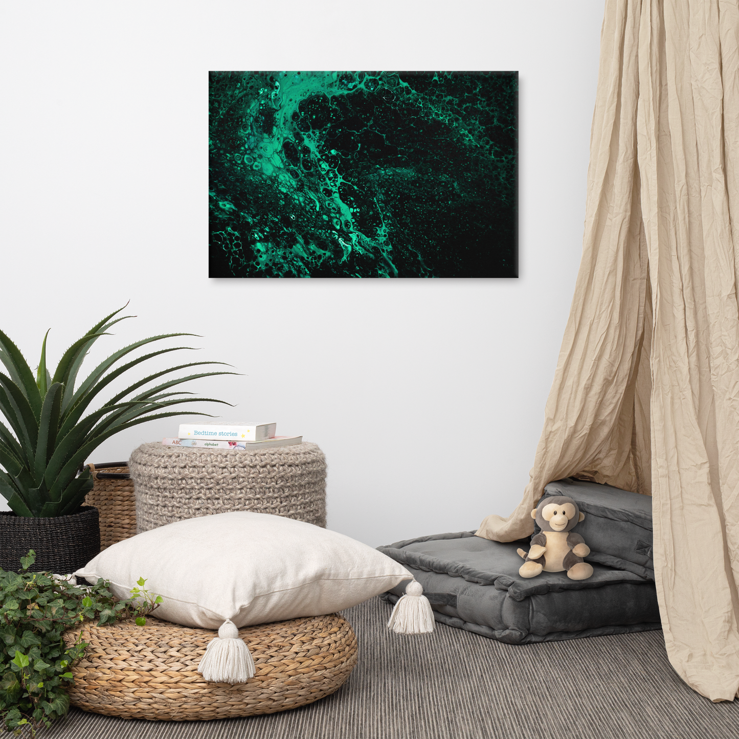 NightOwl Studio Abstract Wall Art, Green Tide, Boho Living Room, Bedroom, Office, and Home Decor, Premium Canvas with Wooden Frame, Acrylic Painting Reproduction, 24” x 36”