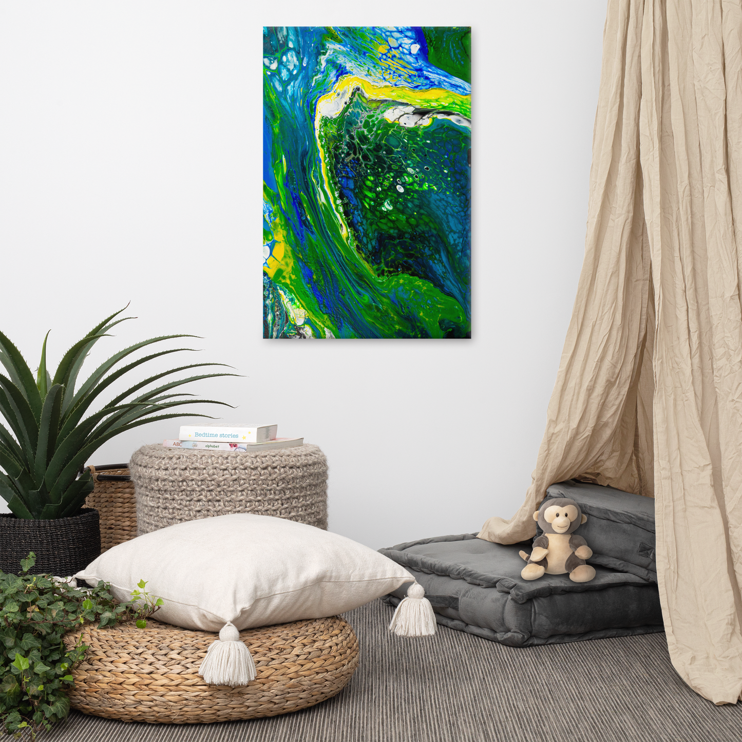 NightOwl Studio Abstract Wall Art, Green Stream, Boho Living Room, Bedroom, Office, and Home Decor, Premium Canvas with Wooden Frame, Acrylic Painting Reproduction, 24” x 36”