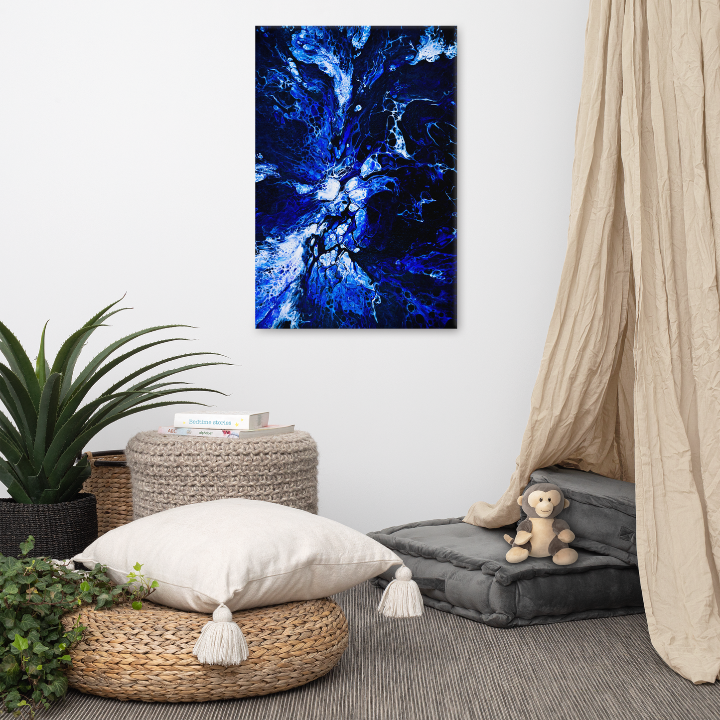 NightOwl Studio Abstract Wall Art, Blue Burst, Boho Living Room, Bedroom, Office, and Home Decor, Premium Canvas with Wooden Frame, Acrylic Painting Reproduction, 24” x 36”