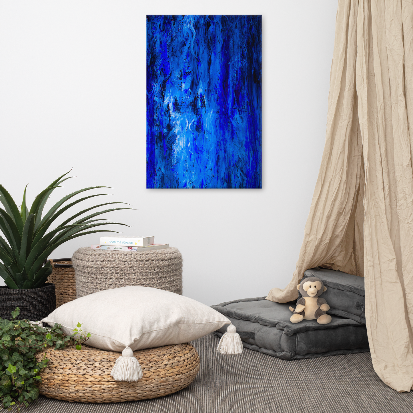NightOwl Studio Abstract Wall Art, Blue Woods, Boho Living Room, Bedroom, Office, and Home Decor, Premium Canvas with Wooden Frame, Acrylic Painting Reproduction, 24” x 36”