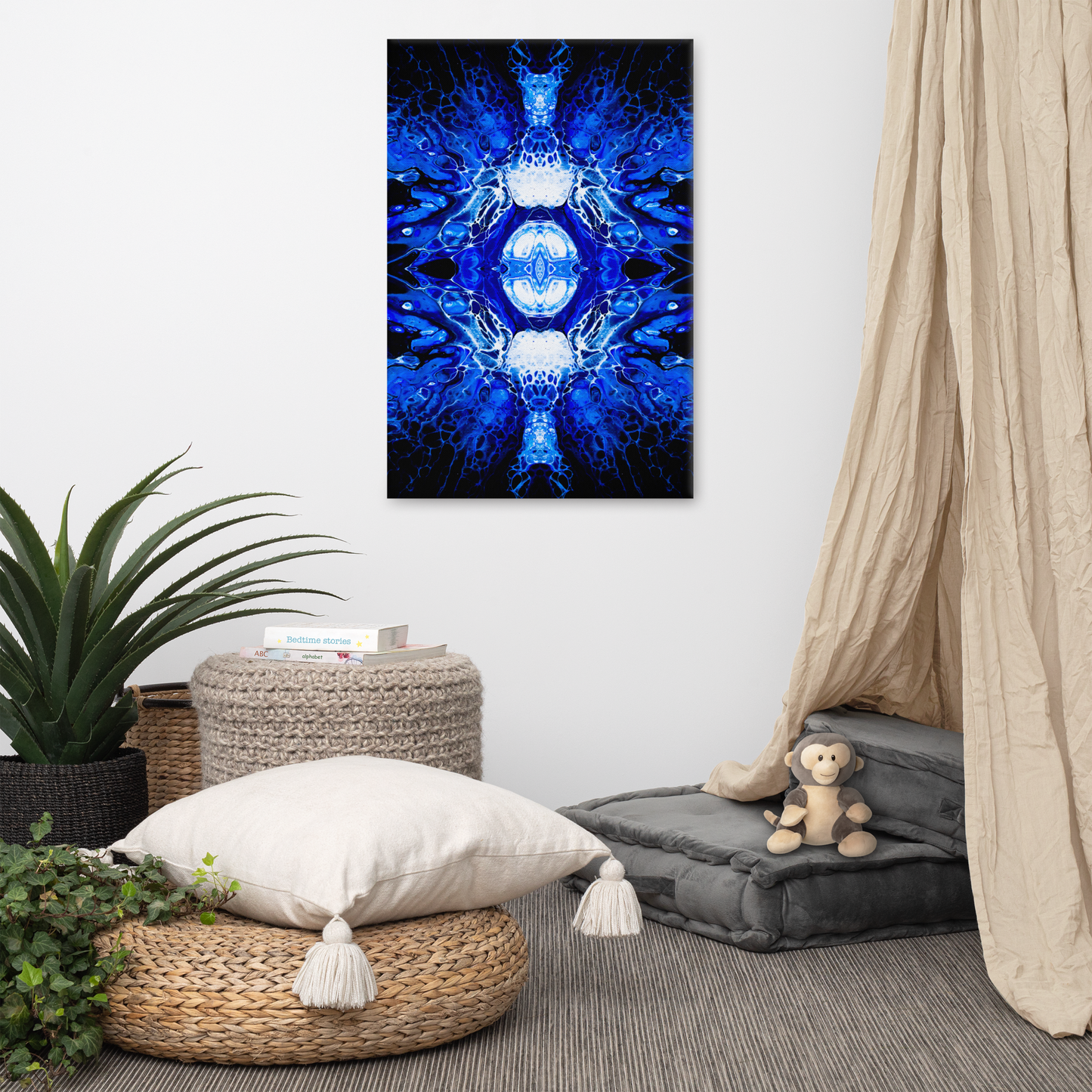 NightOwl Studio Abstract Wall Art, Blue Nucleus, Boho Living Room, Bedroom, Office, and Home Decor, Premium Canvas with Wooden Frame, Acrylic Painting Reproduction, 24” x 36”