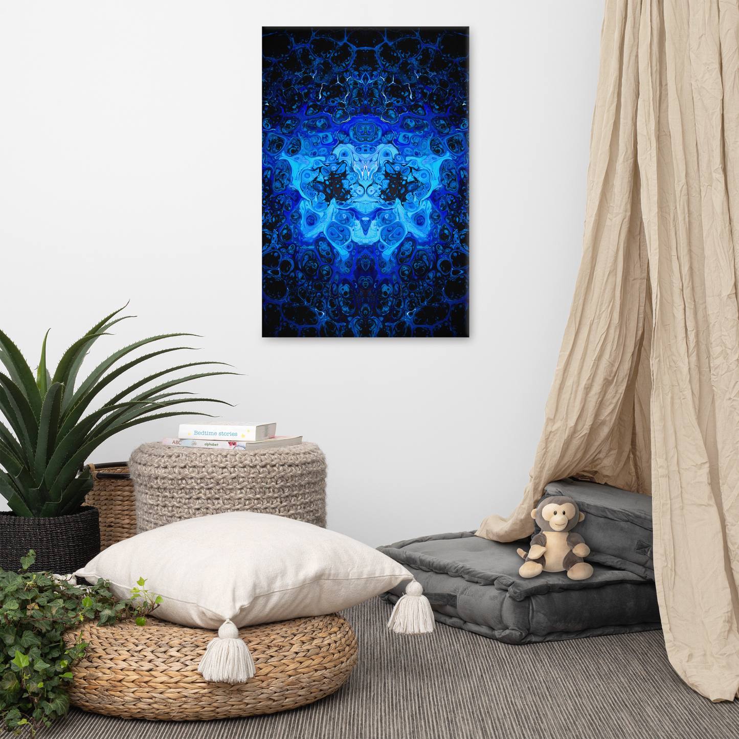 NightOwl Studio Abstract Wall Art, Blue Bliss, Boho Living Room, Bedroom, Office, and Home Decor, Premium Canvas with Wooden Frame, Acrylic Painting Reproduction, 24” x 36”