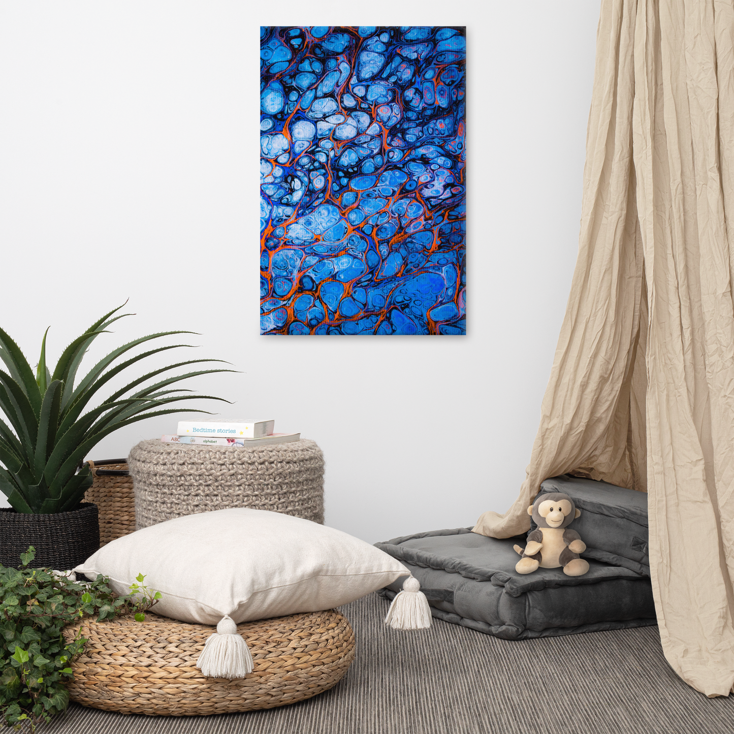 NightOwl Studio Abstract Wall Art, Blue Fire, Boho Living Room, Bedroom, Office, and Home Decor, Premium Canvas with Wooden Frame, Acrylic Painting Reproduction, 24” x 36”