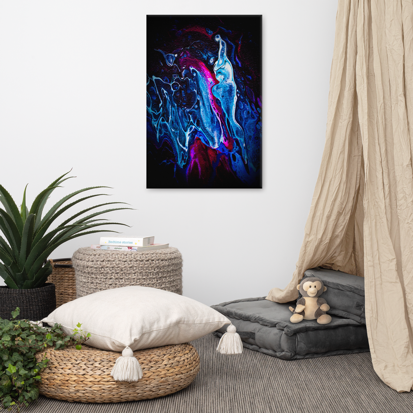 NightOwl Studio Abstract Wall Art, Blue Liquid, Boho Living Room, Bedroom, Office, and Home Decor, Premium Canvas with Wooden Frame, Acrylic Painting Reproduction, 24” x 36”