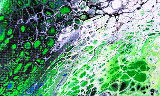 Green, black, blue, and white abstract acrylic painting
