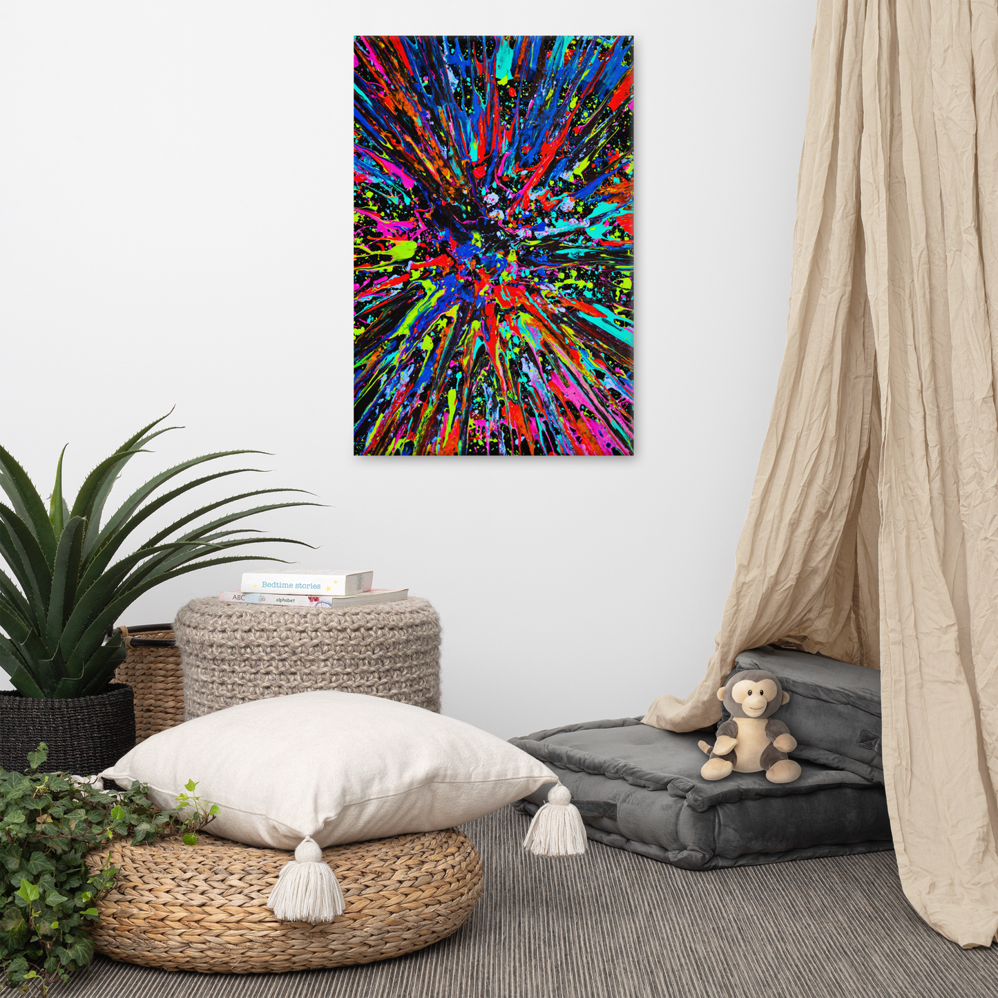NightOwl Studio Abstract Wall Art, Splatter, Boho Living Room, Bedroom, Office, and Home Decor, Premium Canvas with Wooden Frame, Acrylic Painting Reproduction, 24” x 36”