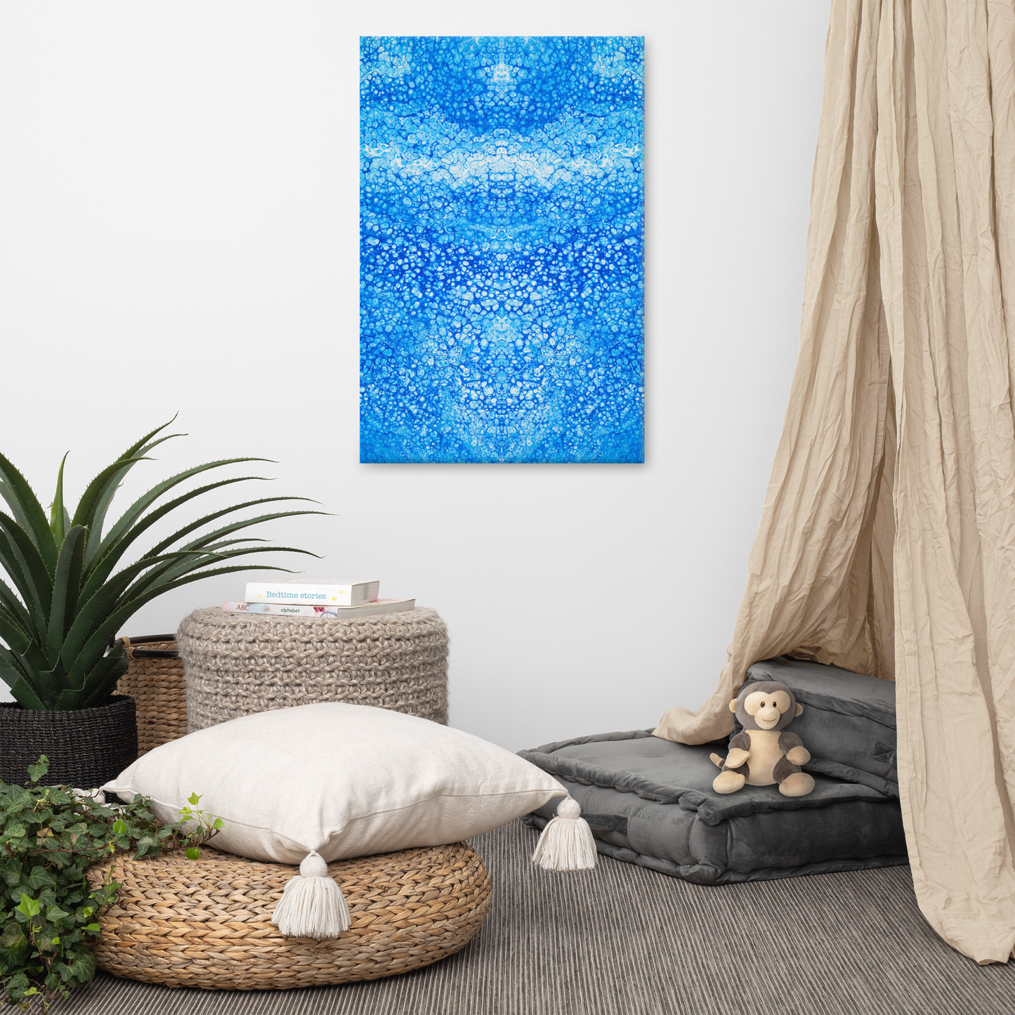 NightOwl Studio Abstract Wall Art, Cryptic Blue, Boho Living Room, Bedroom, Office, and Home Decor, Premium Canvas with Wooden Frame, Acrylic Painting Reproduction, 24” x 36”