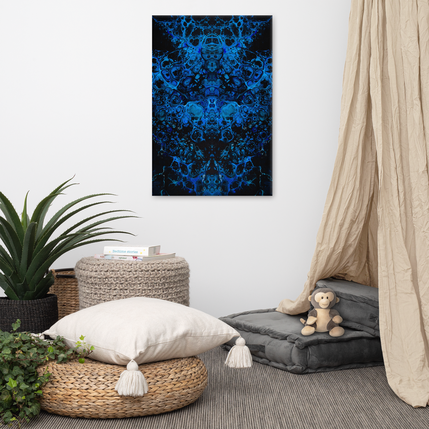 NightOwl Studio Abstract Wall Art, Azul, Boho Living Room, Bedroom, Office, and Home Decor, Premium Canvas with Wooden Frame, Acrylic Painting Reproduction, 24” x 36”